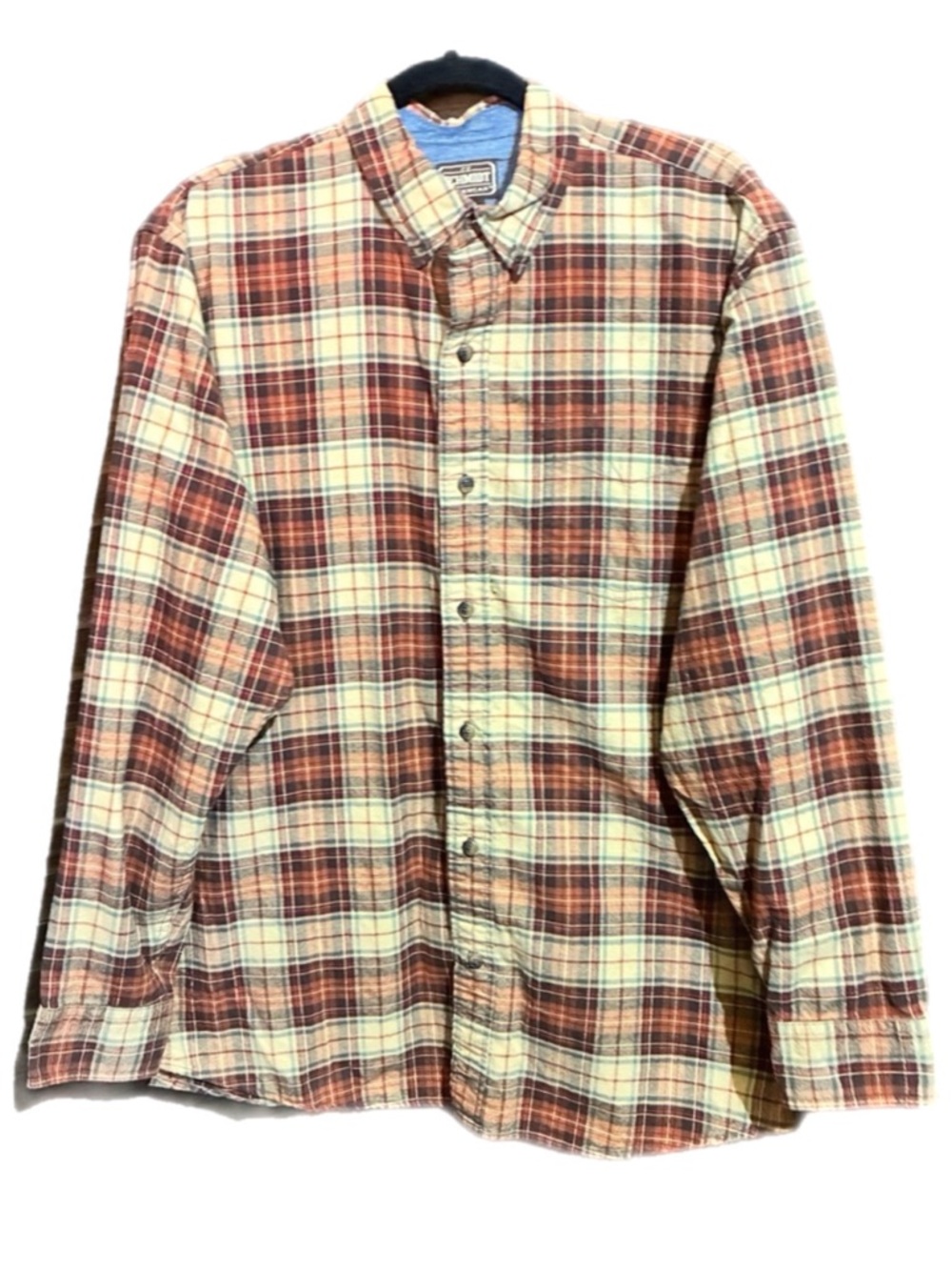Schmidt Plaid Flannel Shirt Button Down 100% Cotton Orange/Tan Outdoor Sz Large